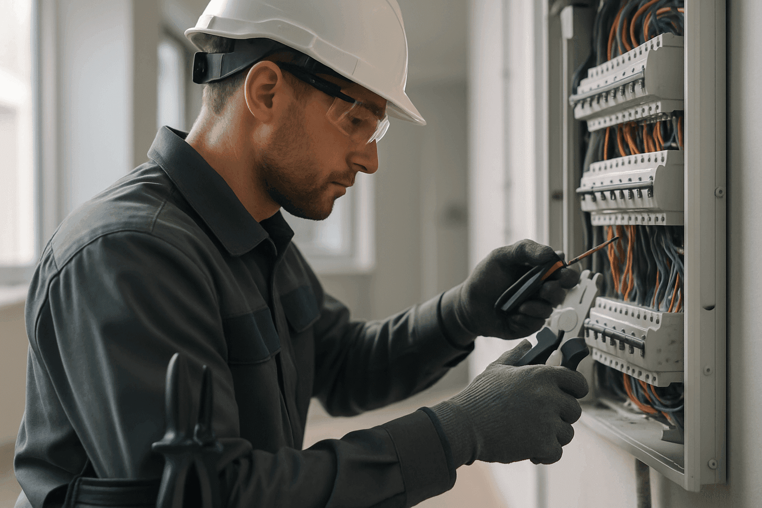 Professional electrician wearing PPE inspecting electrical panels at clean job site in Prewitt