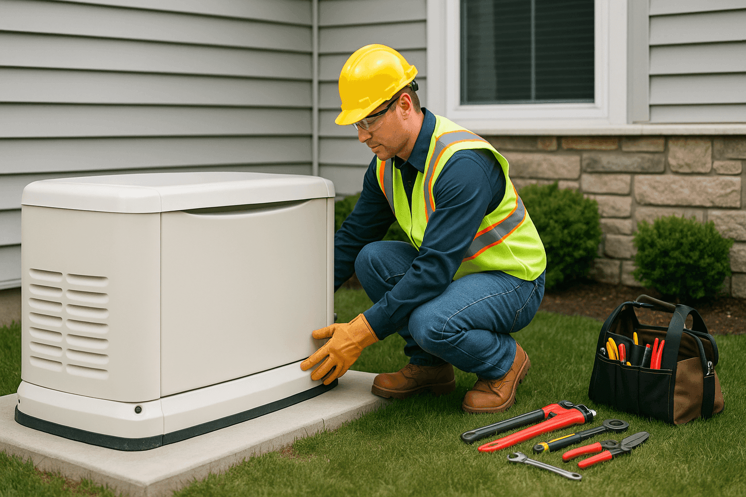 Electrician installing a standby generator outside a home