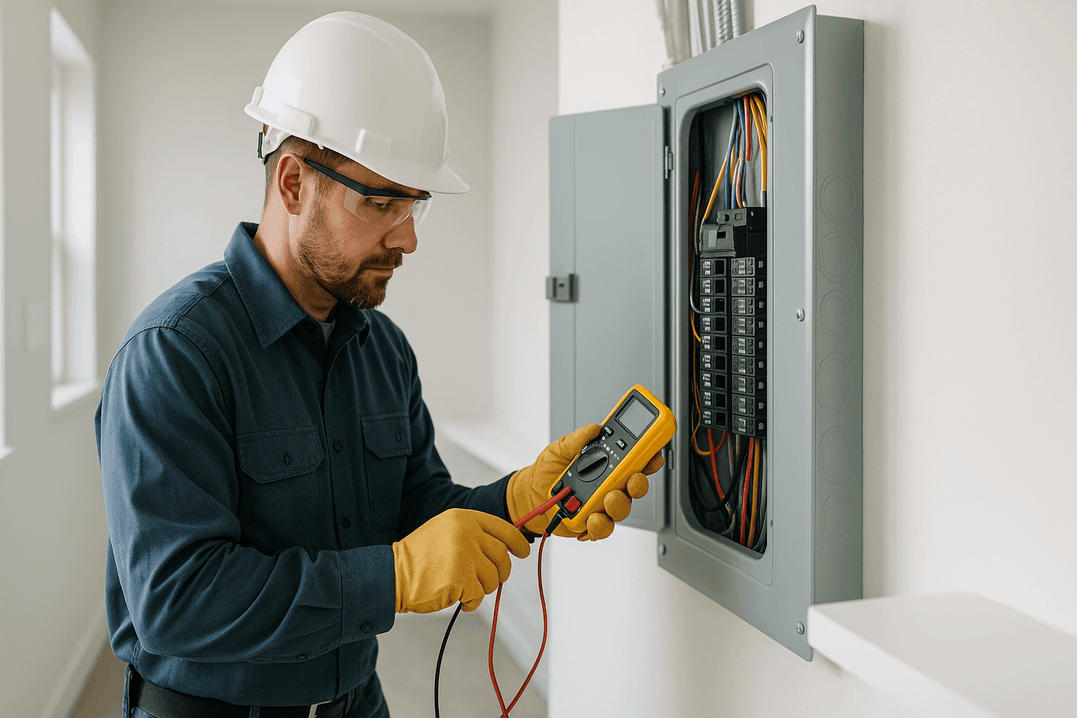 Electrician examining a residential breaker panel with a voltage tester