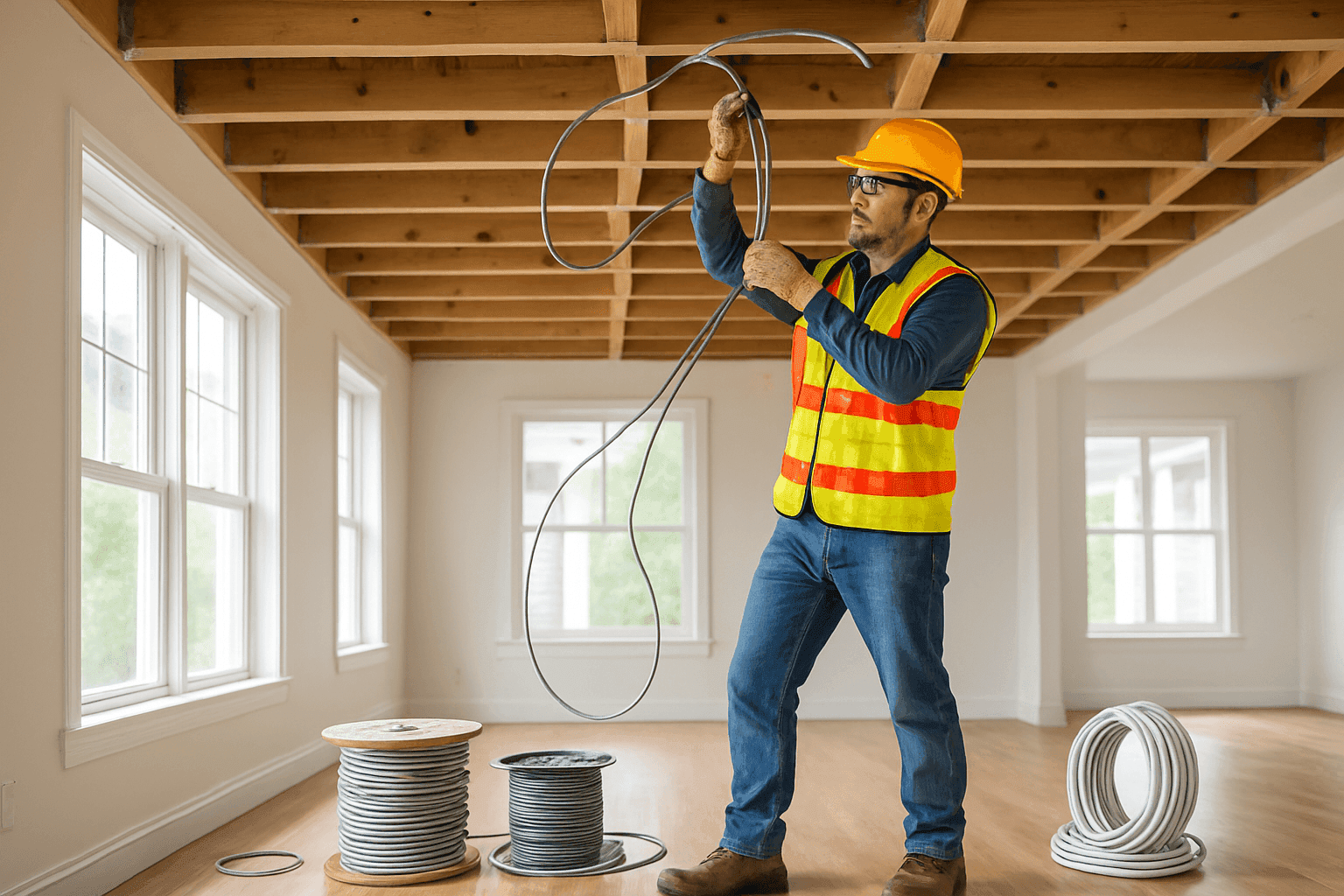 Electrician pulling new wiring through ceiling joists in a modern home