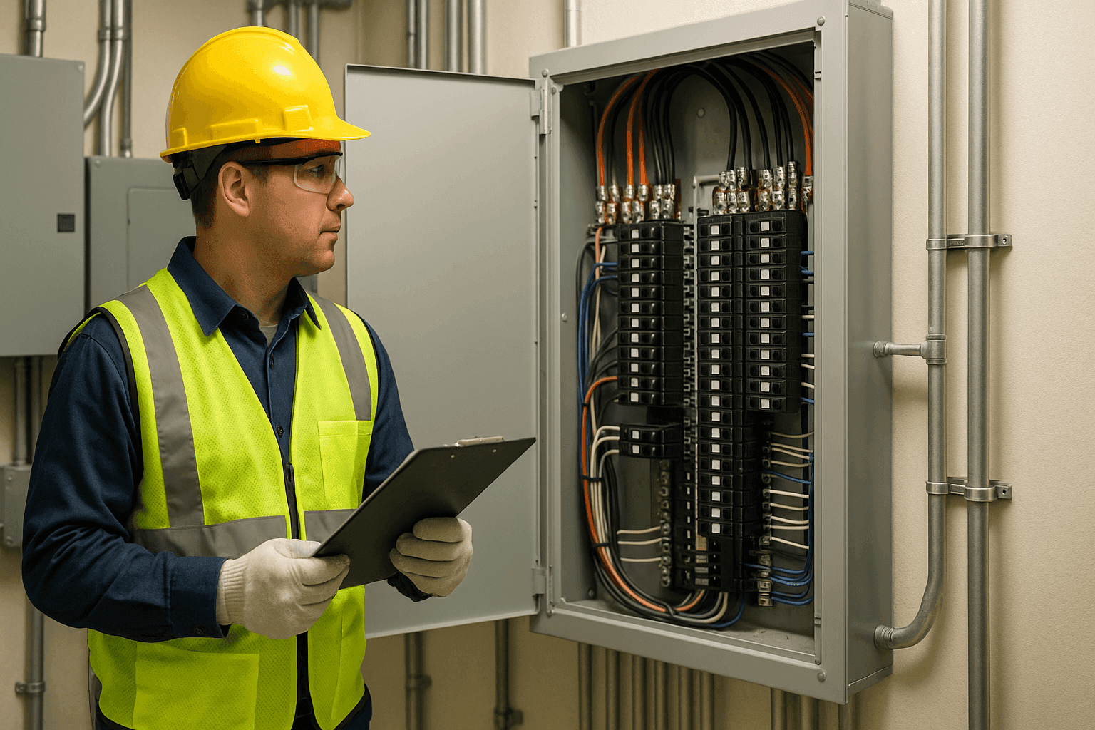 Electrician conducting a safety inspection with a clipboard in a commercial electrical room