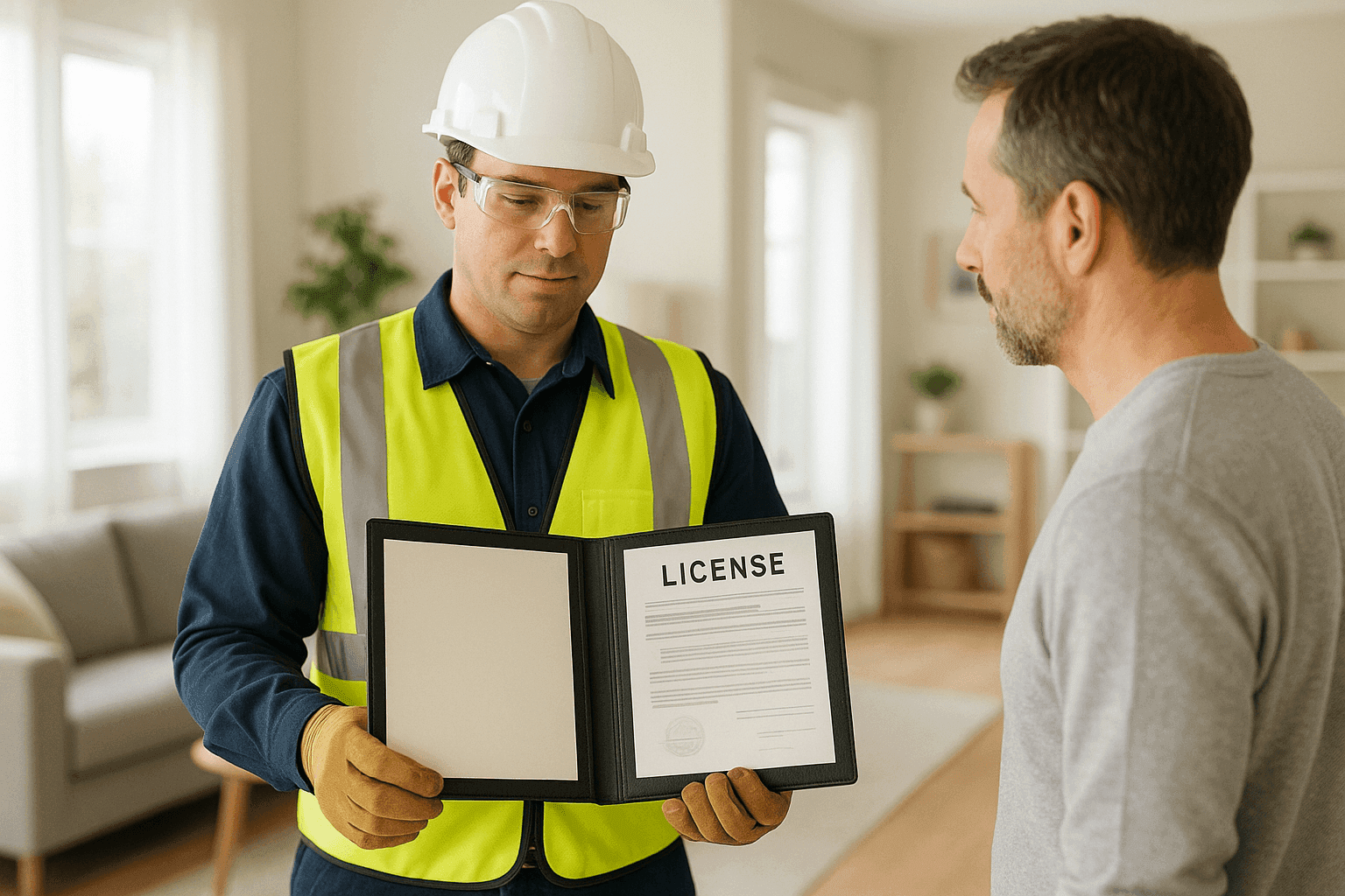 Electrician showing license to a homeowner before starting work